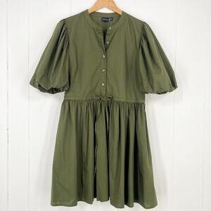 Gap Button Front Cotton Poplin Dress Bubble Sleeve Cinch Waist Size Medium Green